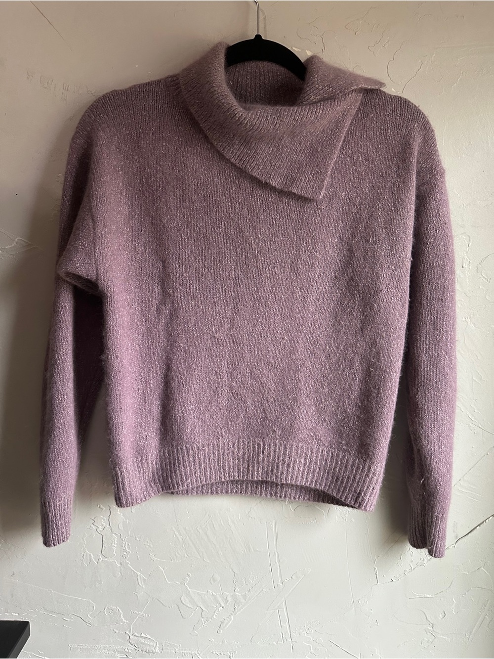 Lilac Silk Angora Sweater Asymmetric Collar Fabe Large Romantic Minimalist Knit
